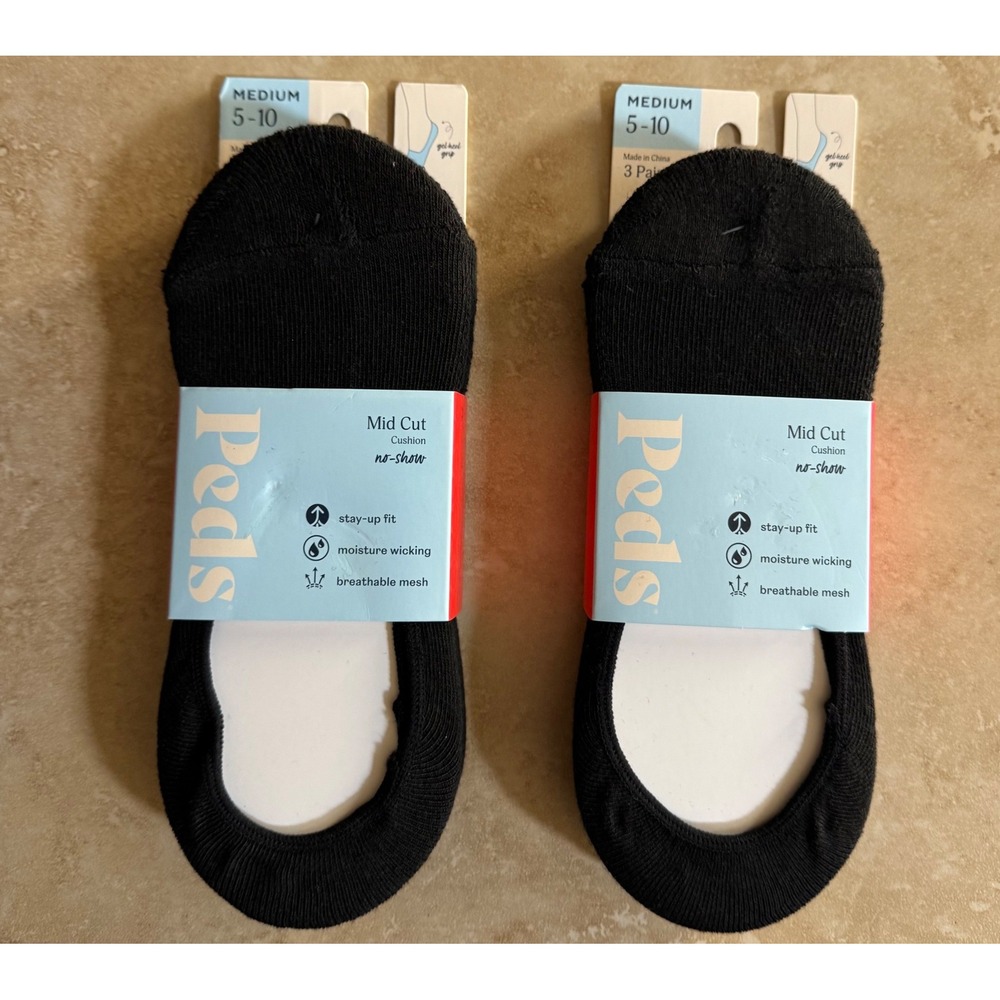 Peds‎ Liner Socks Women Medium 5-10 Black Mid Cut No-Show Cushion 6 Pairs NEW